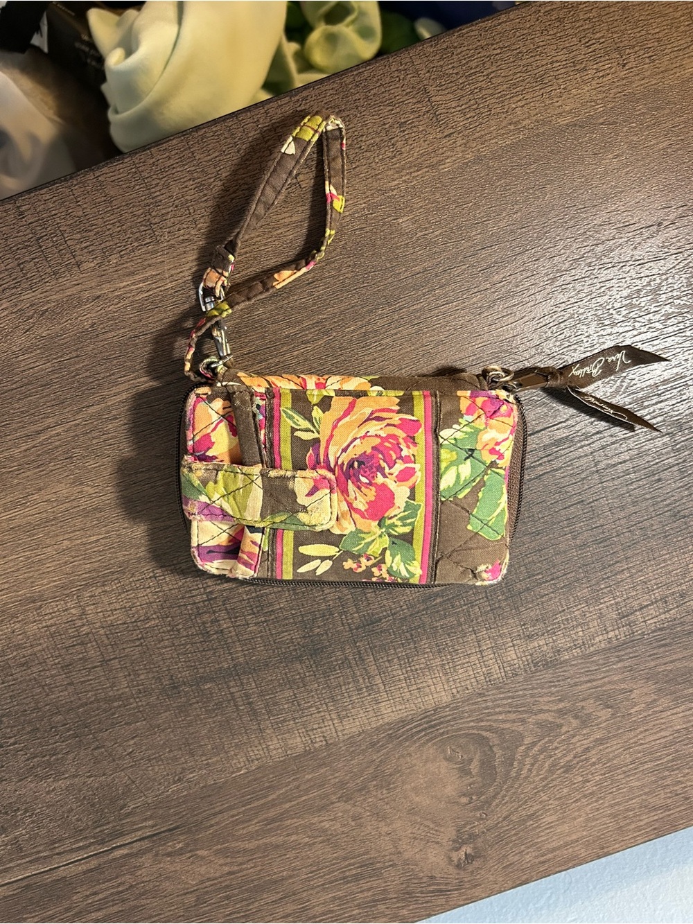 Vera Bradley Brown Floral Wristlet with Pink & Green Roses